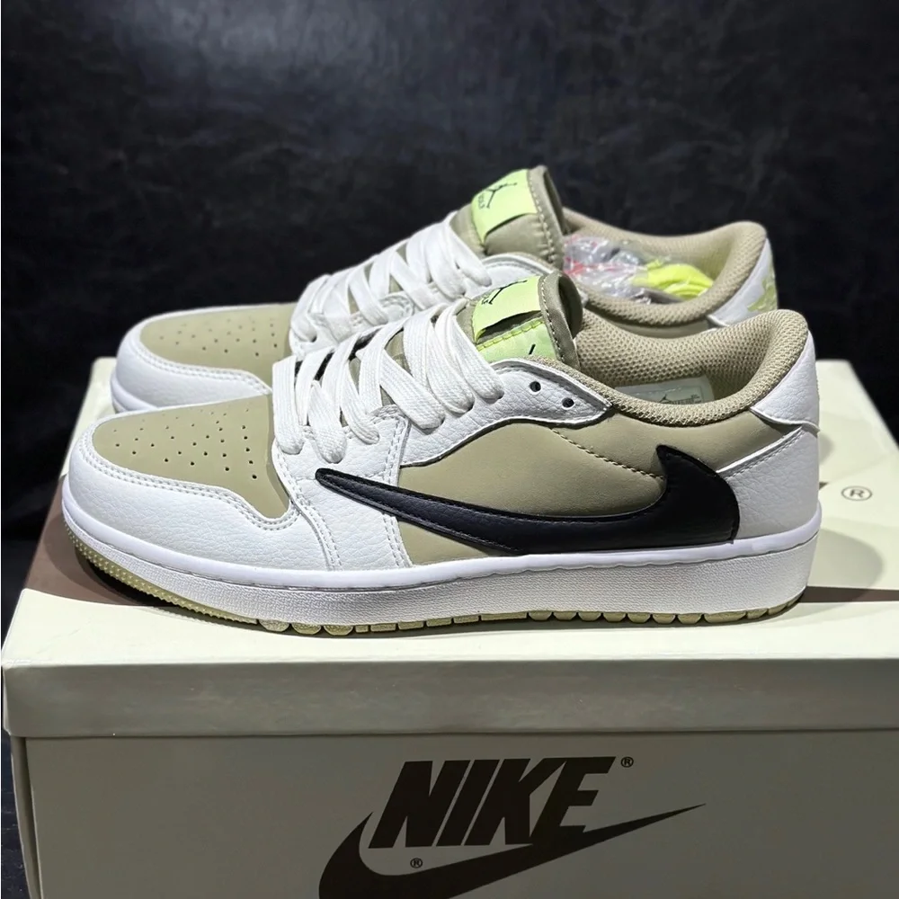 Nike Low-Top Sneakers in White, Beige & Black with Lime Tongue Accent